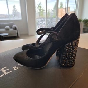 Dolce & Gabbana Mary Jane Heels Shoes Black Leather Velvet Size 38